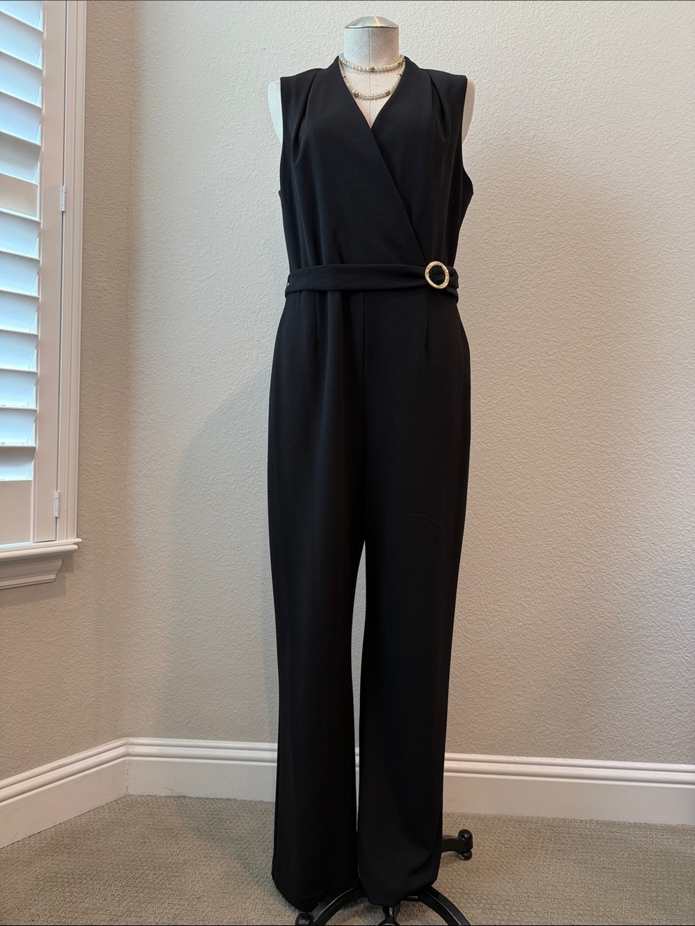 Tahari ASL Black Sleeveless Belted Wrap Jumpsuit